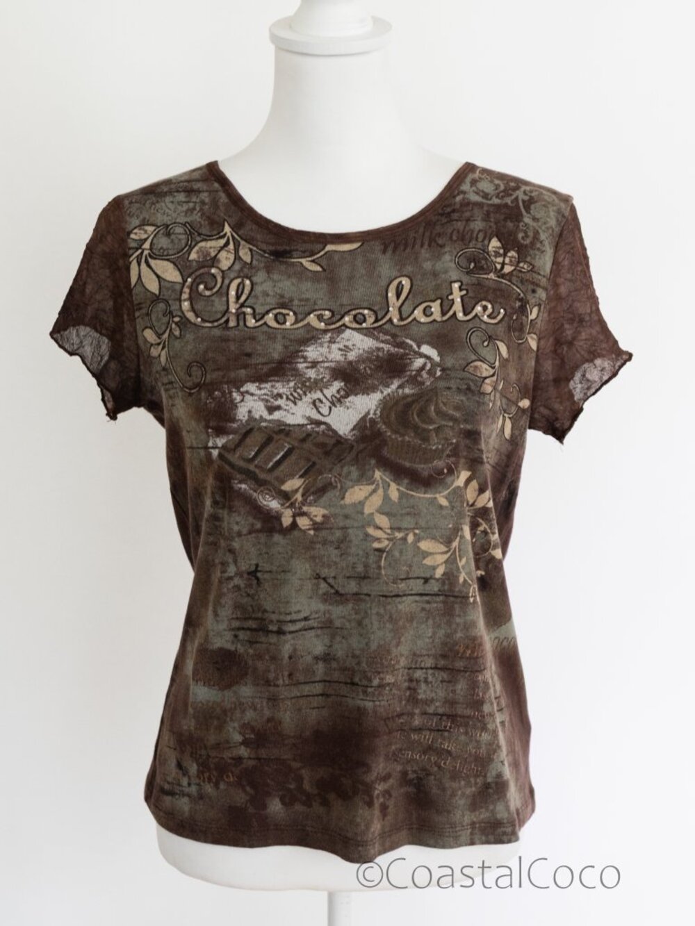 PersonaliTees Y2K Chocolate Shirt M Vintage Top 100% Cotton Lace Sleeves Grunge